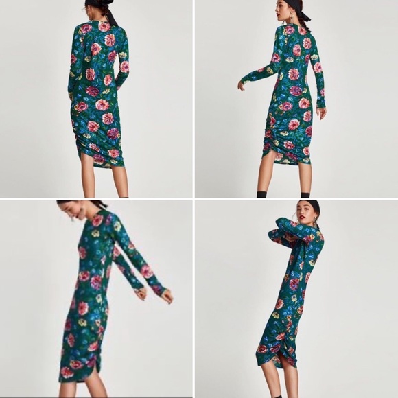 Zara Textured Green Floral Print Dress Gathered Side Size S Long Sleeve Bodycon - Picture 14 of 16